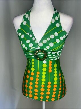 Max Rave Green Halter Top with White and Yellow Dot Stripe